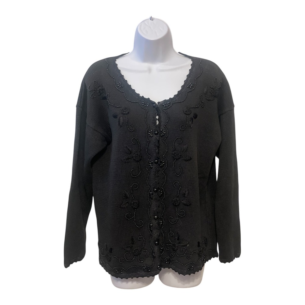 ORVIS Black Embellished Beaded Floral Button Up Cardigan Sweater Women's L
